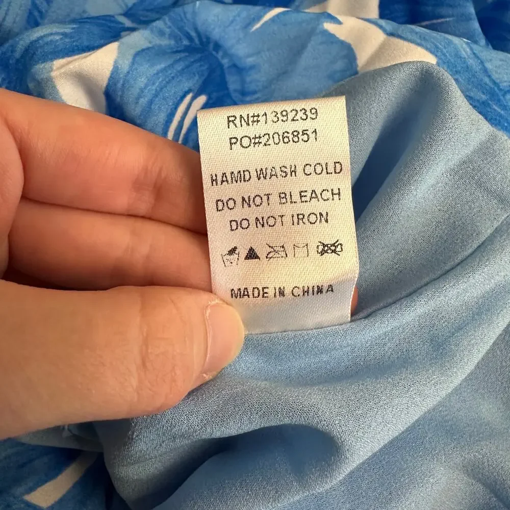 DO+BE NWT Tropical Halter Mini Dress Blue White Leaf Print Back Tie Medium - Picture 10 of 11